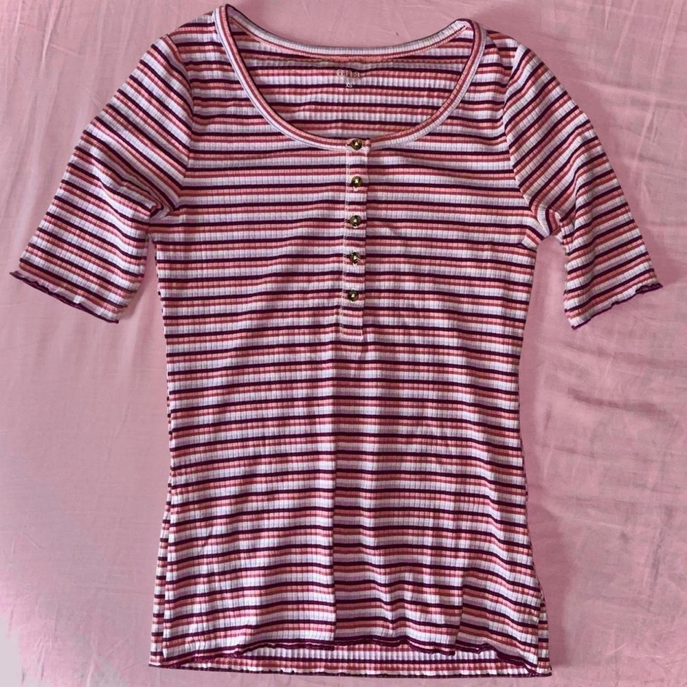 Ruffle/Lettuce Hemmed Pink Striped Ribbed Tee with Buttons by A.N.A